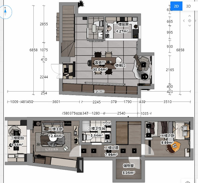 蒋琛｜圣淘沙花城6-1905-105㎡-现代简约风格｜复式｜2室2厅2卫｜老房装修｜定制家｜全包13万｜00_05平面彩图